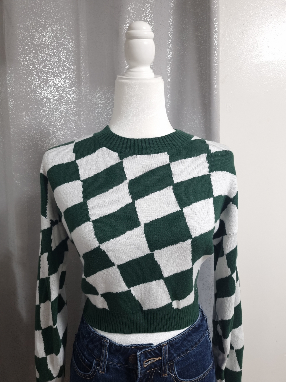 Hollister Green White Checkered Cropped Knit Sweater XS Crewneck Soft Cozy